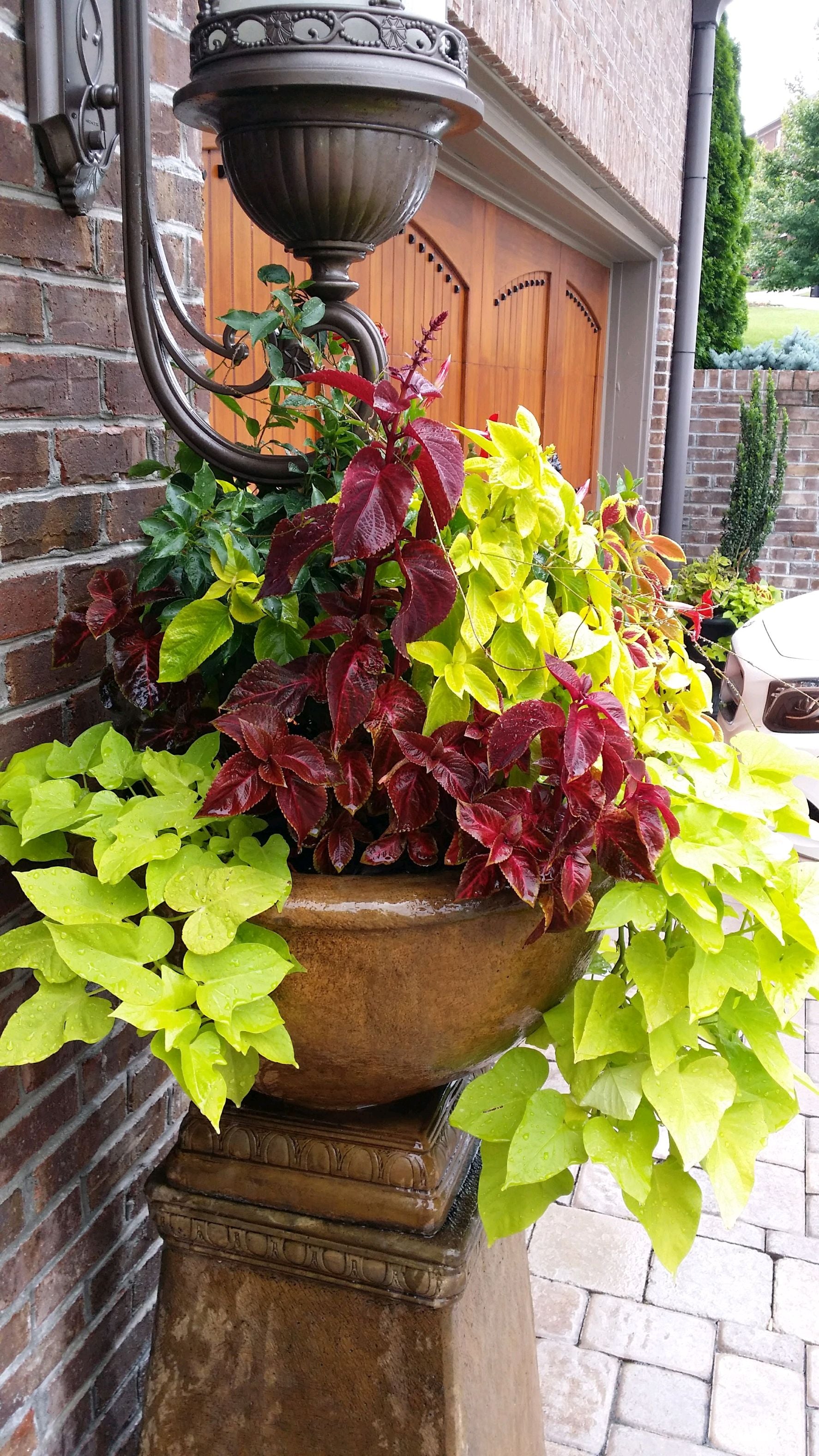 Large flower pot with an assortment of plants next to a brick house with garage.