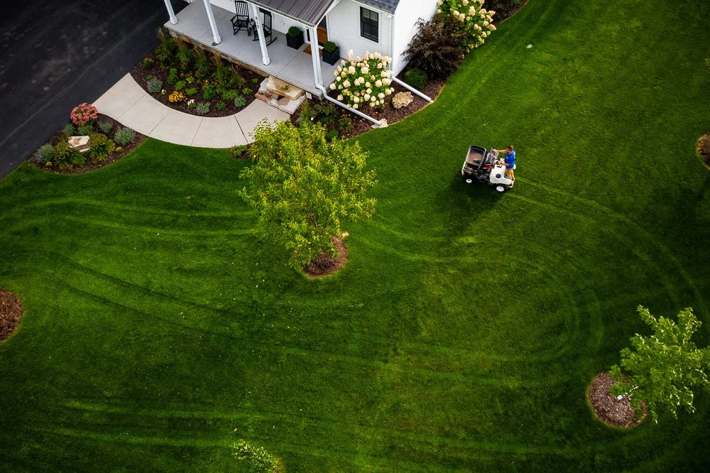 View from drone of green yard next to house with a few trees. Man on fertilizer machine in yard.